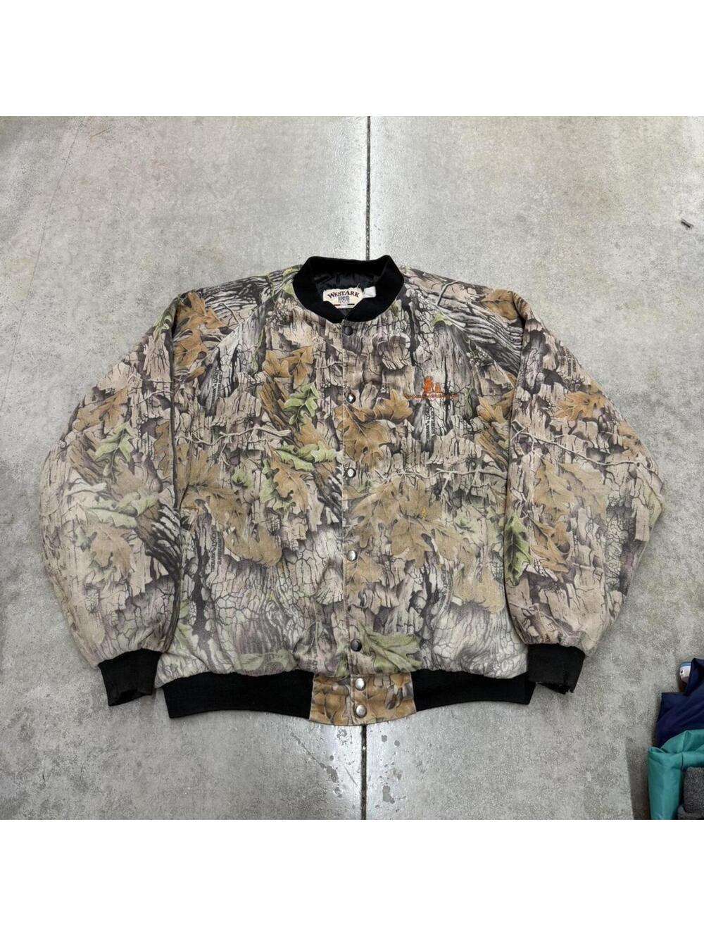 vintage real tree camo all over print button down bomber jacket size xl